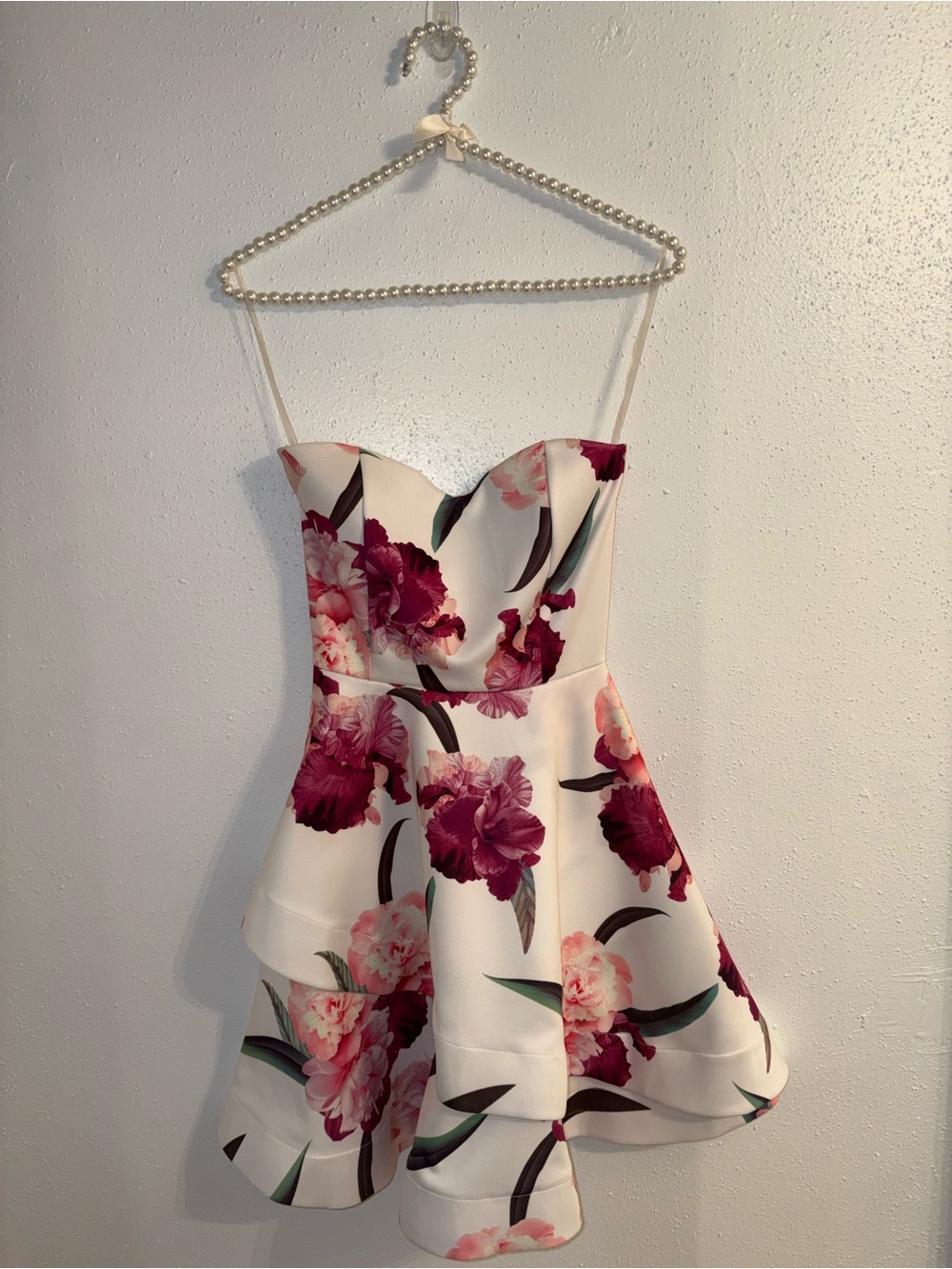 a'gaci White Mini Dress with Pink & Burgundy Floral Print
